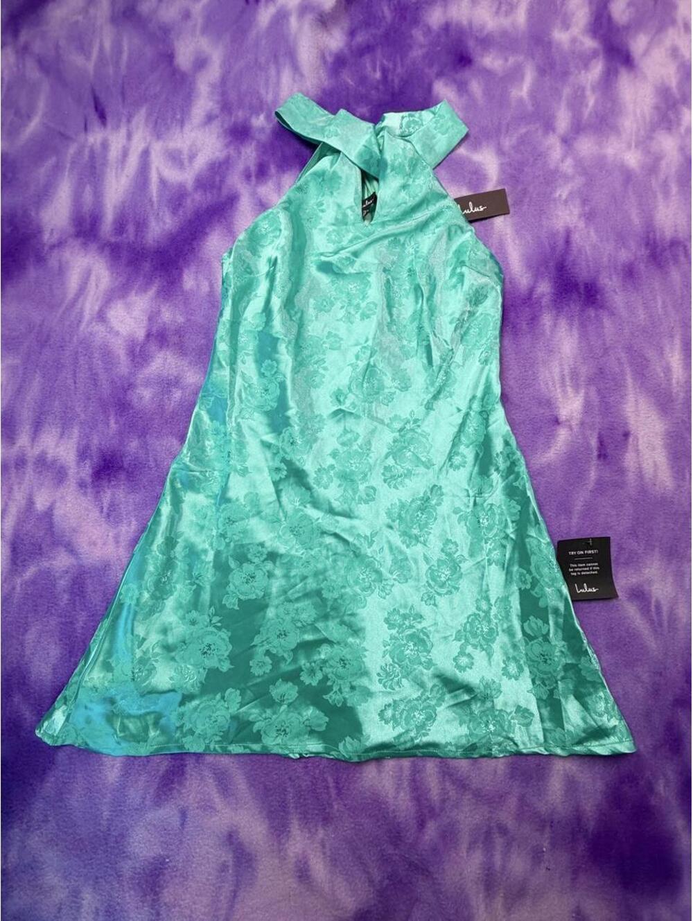 NWT Lulu’s turquoise satin floal jacquard halter neck mini dress